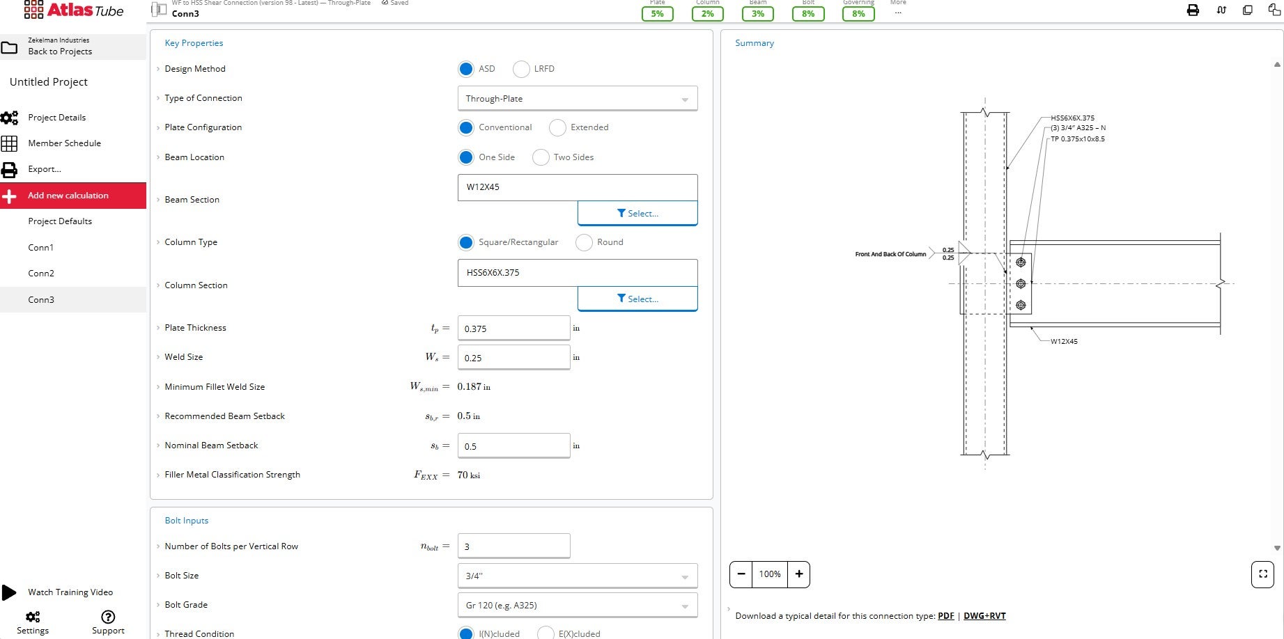 A WF-HSS Shear Through-Plate Connection Calculator in the HSS Connections Hub
