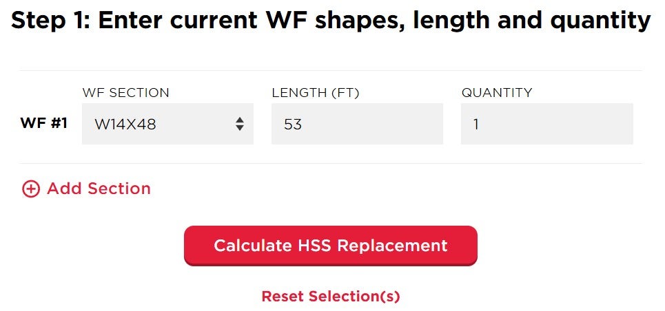 The WF section entry portion of the HSS vs. Wide Flange Column Comparison Tool