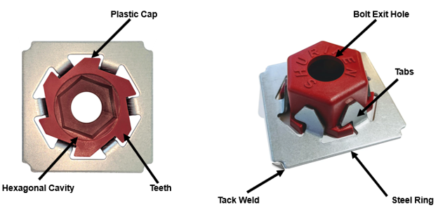 a labeled diagram of the Shuriken® Structural Nut Keeper that facilitates field-bolted HSS connections
