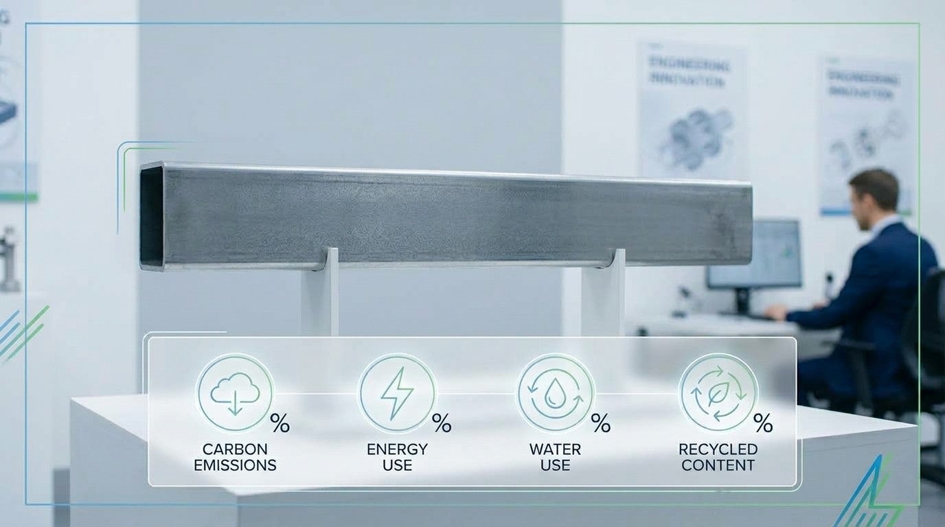 An HSS section featuring EPD metrics like carbon emissions, energy use, water use, and recycled content.