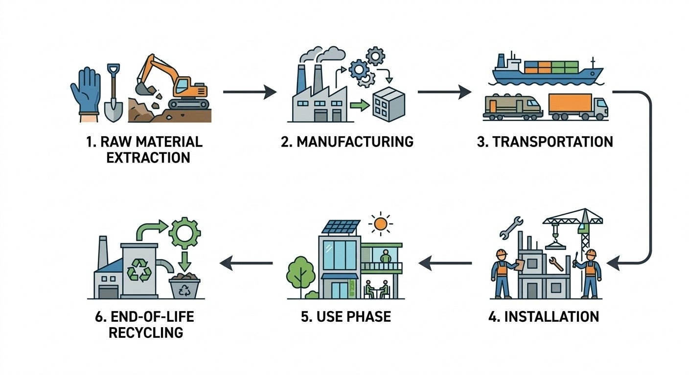 Product life cycle diagram showing six stages: raw material extraction, manufacturing, transportation, installation, use phase, and end-of-life recycling.