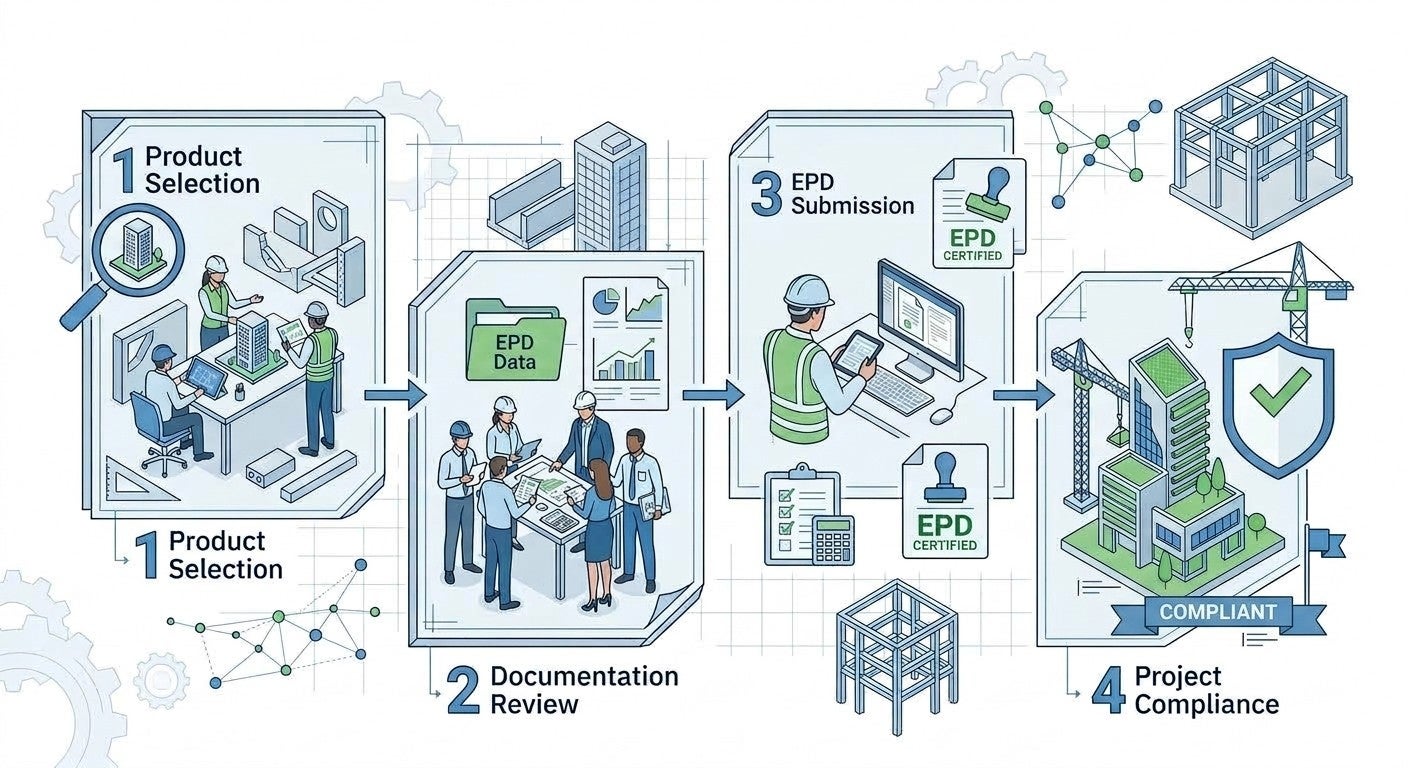EPD compliance process infographic showing four stages: product selection, documentation review, EPD submission, and project compliance.