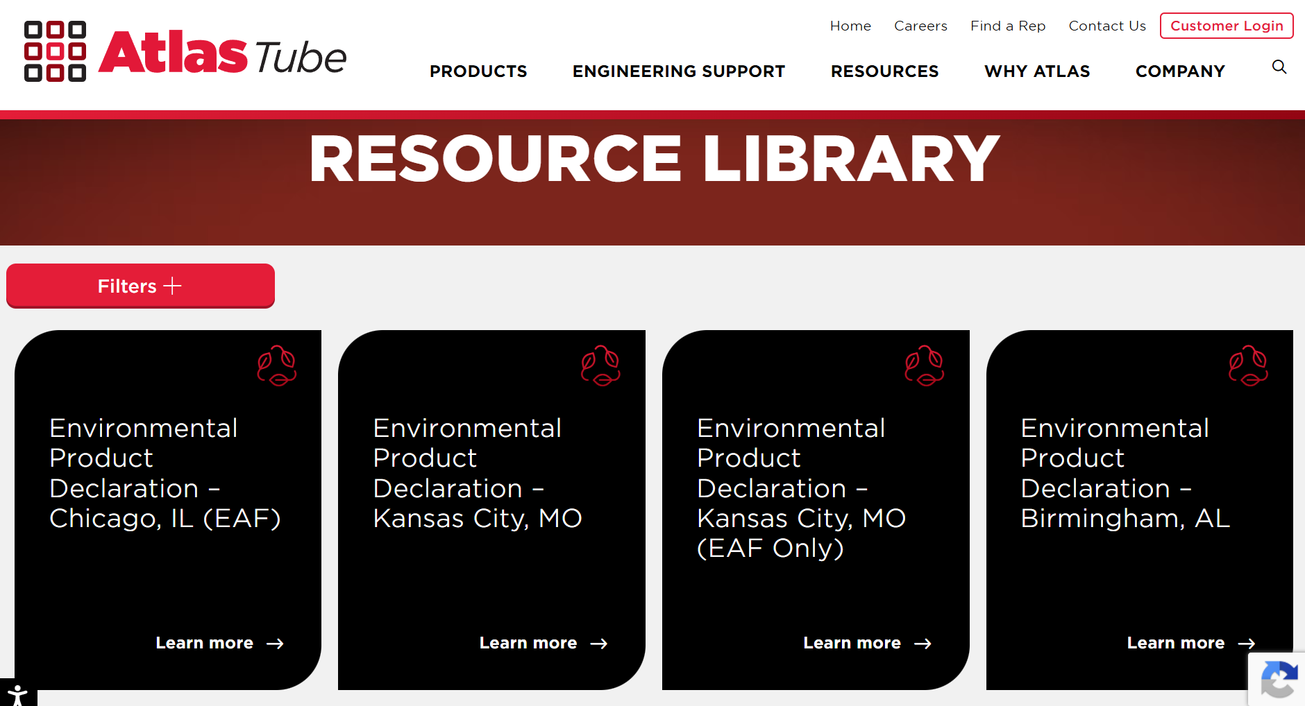 A screenshot of Atlas Tube's resource library, featuring facility-specific EPDs.